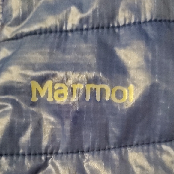 Marmot Blue and Black Hybrid Puffer Jacket with Orange Details, Zippered Pockets - Picture 7 of 11